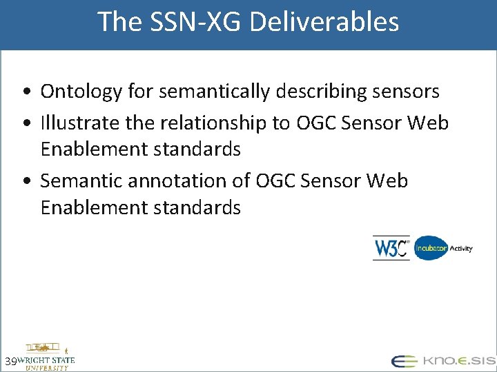 The SSN-XG Deliverables • Ontology for semantically describing sensors • Illustrate the relationship to