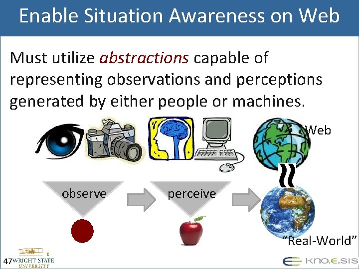 Enable Situation Awareness on Web Must utilize abstractions capable of representing observations and perceptions