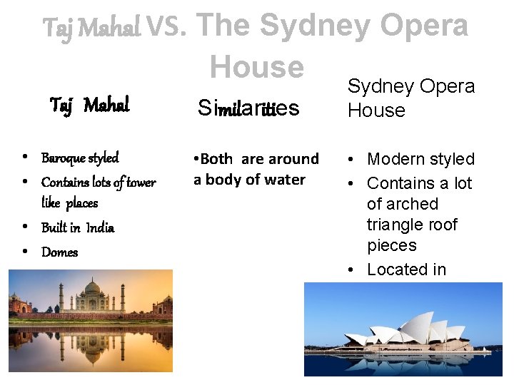 Taj Mahal VS. The Sydney Opera House Sydney Opera Taj Mahal • Baroque styled