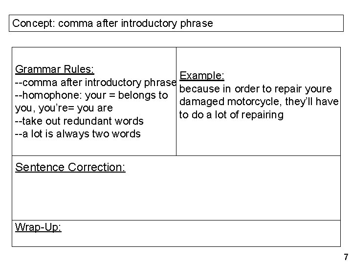 Concept: comma after introductory phrase Grammar Rules: Example: --comma after introductory phrase because in