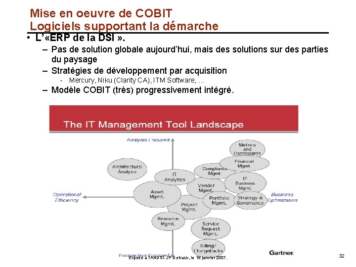 Mise en oeuvre de COBIT Logiciels supportant la démarche • L’ «ERP de la