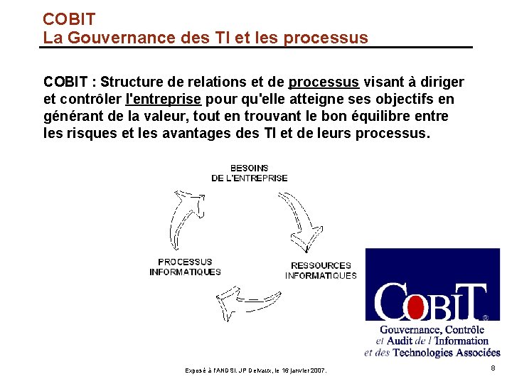 COBIT La Gouvernance des TI et les processus COBIT : Structure de relations et