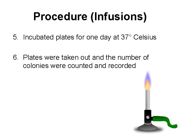 Procedure (Infusions) 5. Incubated plates for one day at 37° Celsius 6. Plates were