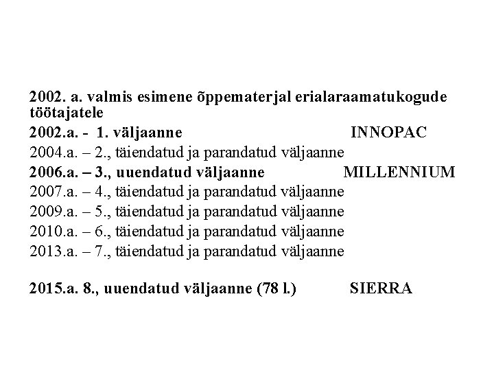 2002. a. valmis esimene õppematerjal erialaraamatukogude töötajatele 2002. a. - 1. väljaanne INNOPAC 2004.