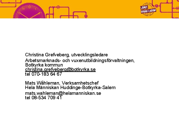 Christina Grefveberg, utvecklingsledare Arbetsmarknads- och vuxenutbildningsförvaltningen, Botkyrka kommun christina. grefveberg@botkyrka. se tel 070 -183