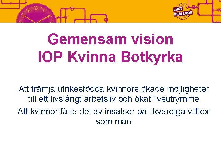 Gemensam vision IOP Kvinna Botkyrka Att främja utrikesfödda kvinnors ökade möjligheter till ett livslångt