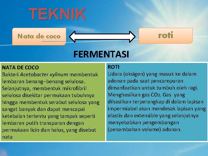 TEKNIK roti Nata de coco FERMENTASI NATA DE COCO Bakteri Acetobacter xylinum membentuk lembaran