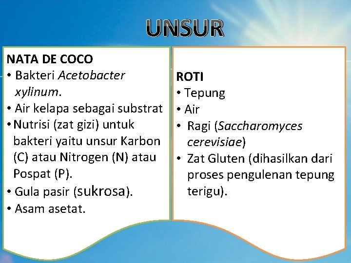 UNSUR NATA DE COCO • Bakteri Acetobacter xylinum. • Air kelapa sebagai substrat •