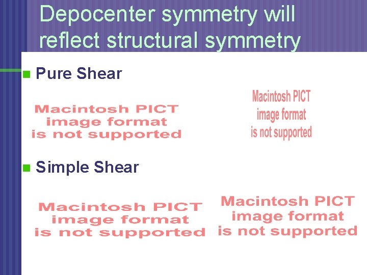 Depocenter symmetry will reflect structural symmetry n Pure Shear n Simple Shear 