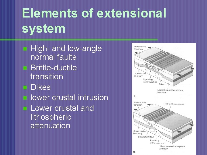 Elements of extensional system n n n High- and low-angle normal faults Brittle-ductile transition