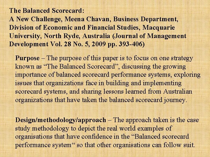 The Balanced Scorecard: A New Challenge, Meena Chavan, Business Department, Division of Economic and