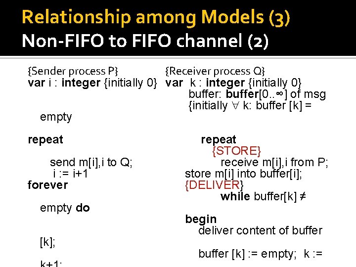 Relationship among Models (3) Non-FIFO to FIFO channel (2) {Sender process P} {Receiver process