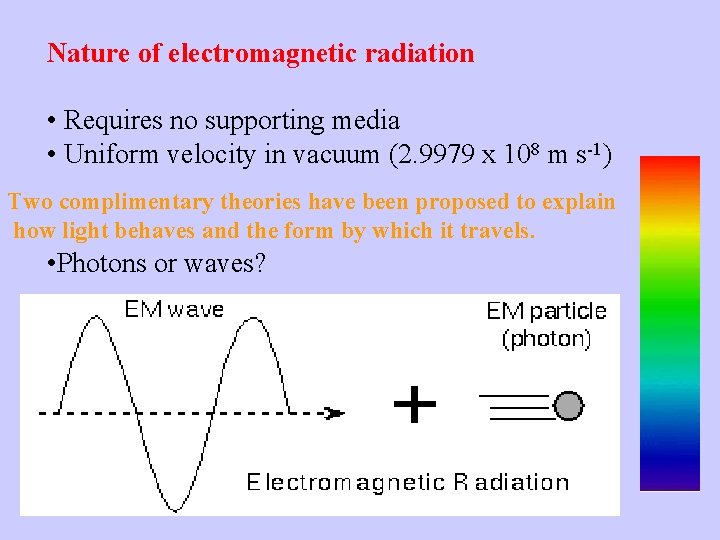 Nature of electromagnetic radiation • Requires no supporting media • Uniform velocity in vacuum