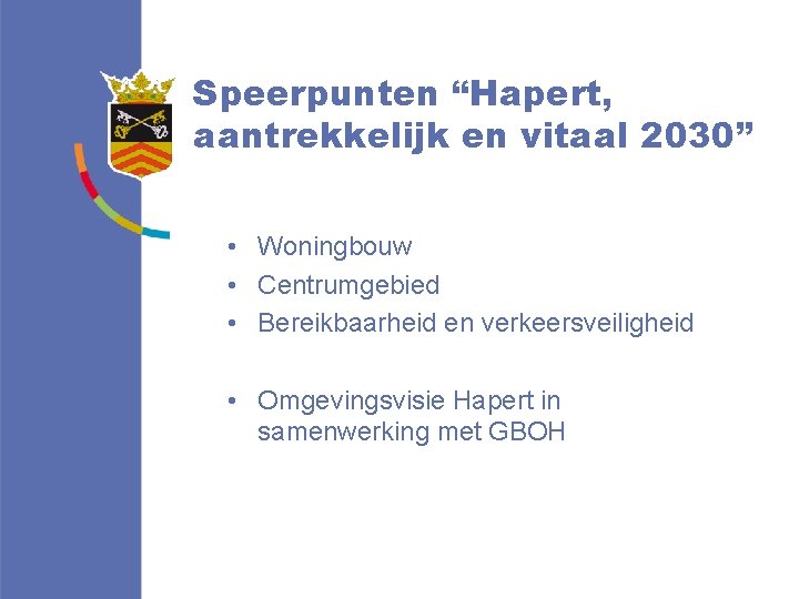 Speerpunten “Hapert, aantrekkelijk en vitaal 2030” • Woningbouw • Centrumgebied • Bereikbaarheid en verkeersveiligheid