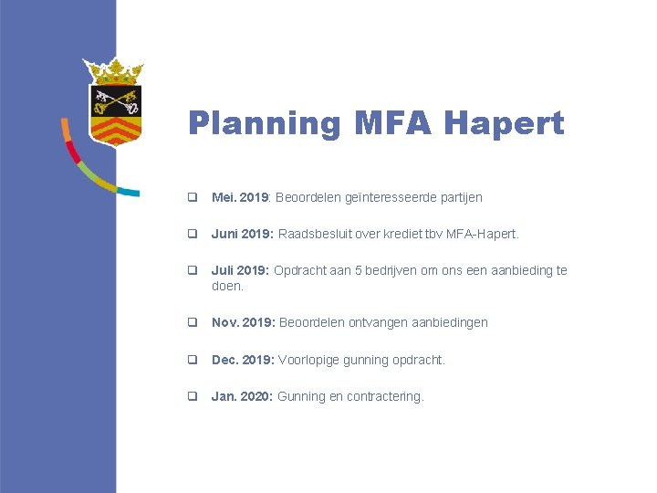 Planning MFA Hapert q Mei. 2019: Beoordelen geïnteresseerde partijen q Juni 2019: Raadsbesluit over