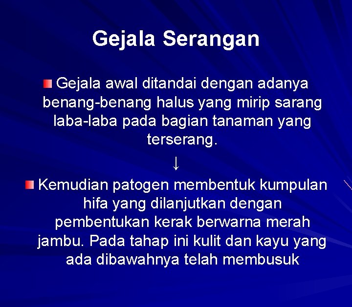 Gejala Serangan Gejala awal ditandai dengan adanya benang-benang halus yang mirip sarang laba-laba pada