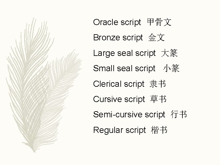 Oracle script 甲骨文 Bronze script 金文 Large seal script 大篆 Small seal script 小篆