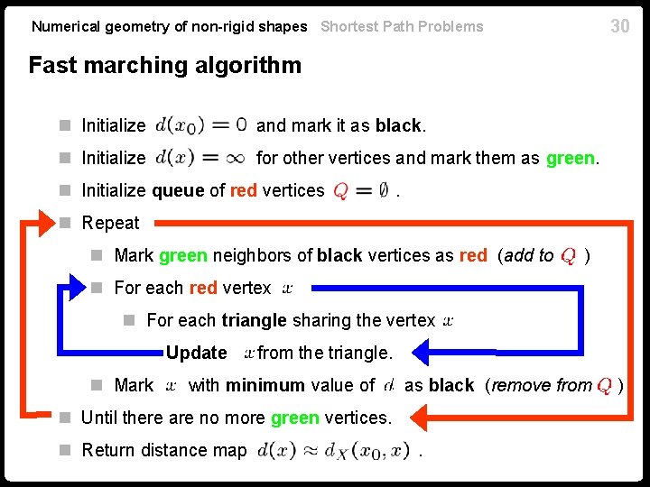 30 Numerical geometry of non-rigid shapes Shortest Path Problems Fast marching algorithm n Initialize