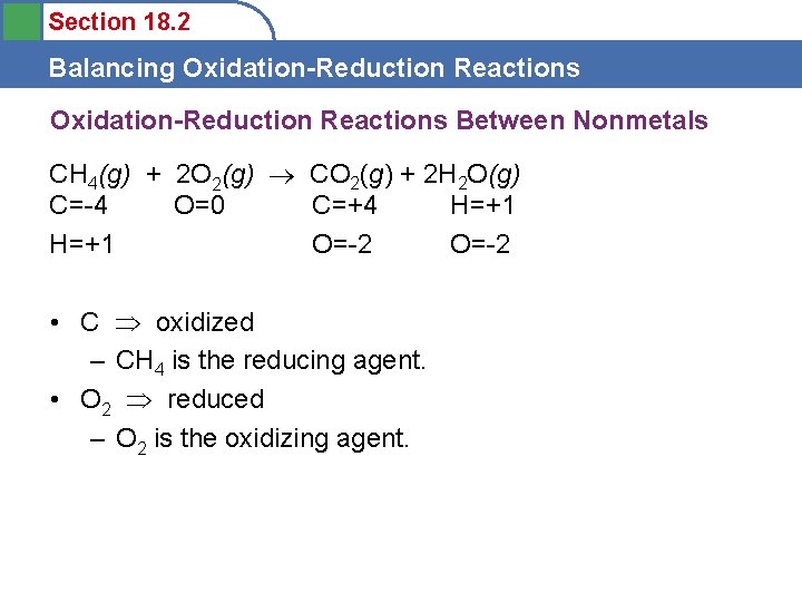 Section 18. 2 Balancing Oxidation-Reduction Reactions Between Nonmetals CH 4(g) + 2 O 2(g)