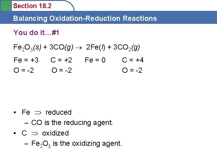 Section 18. 2 Balancing Oxidation-Reduction Reactions You do it…#1 Fe 2 O 3(s) +