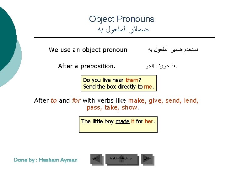 Object Pronouns ﺿﻤﺎﺋﺮ ﺍﻟﻤﻔﻌﻮﻝ ﺑﻪ We use an object pronoun After a preposition. ﻧﺴﺘﺨﺪﻡ