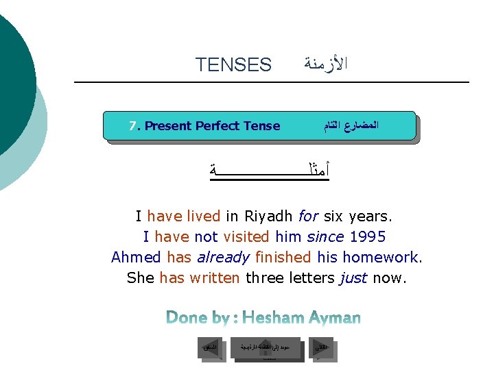 TENSES 7. Present Perfect Tense ﺍﻷﺰﻣﻨﺔ ﺍﻟﻤﻀﺎﺭﻉ ﺍﻟﺘﺎﻡ ﺃﻤﺜﻠـــــــــــﺔ I have lived in Riyadh