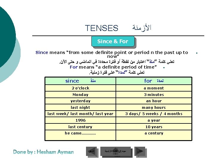 TENSES ﺍﻷﺰﻣﻨﺔ Since & For Since means “from some definite point or period n