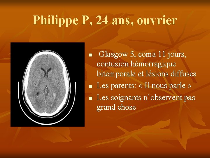 Philippe P, 24 ans, ouvrier n n n Glasgow 5, coma 11 jours, contusion Philippe P, 24 ans, ouvrier n n n Glasgow 5, coma 11 jours, contusion