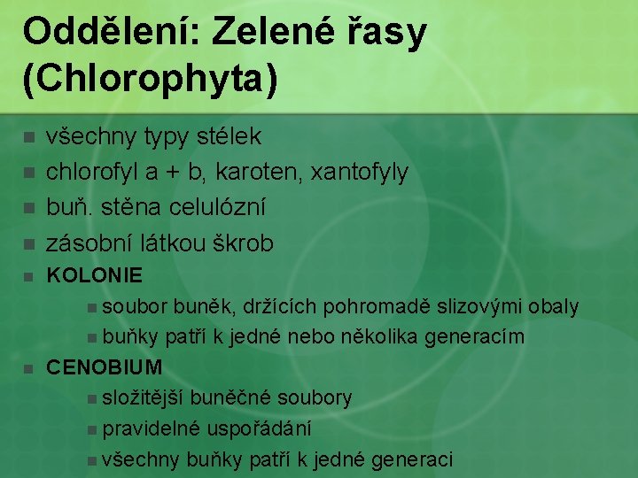 Oddělení: Zelené řasy (Chlorophyta) n n n všechny typy stélek chlorofyl a + b,