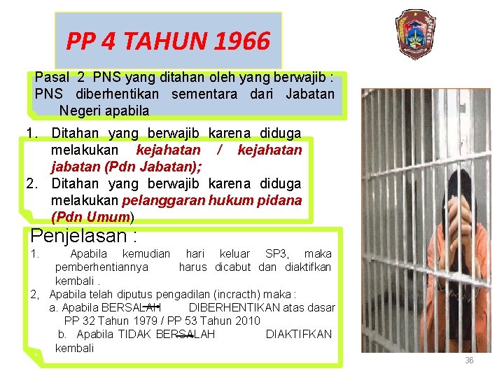PP 4 TAHUN 1966 Pasal 2 PNS yang ditahan oleh yang berwajib : PNS