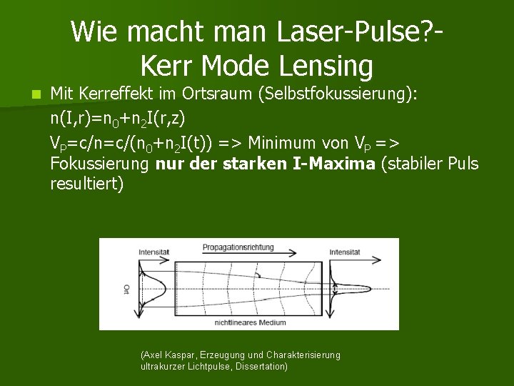 Wie macht man Laser-Pulse? Kerr Mode Lensing n Mit Kerreffekt im Ortsraum (Selbstfokussierung): n(I,