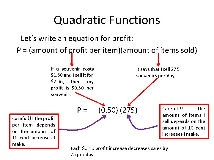 Quadratic Functions Let’s write an equation for profit: P = (amount of profit per