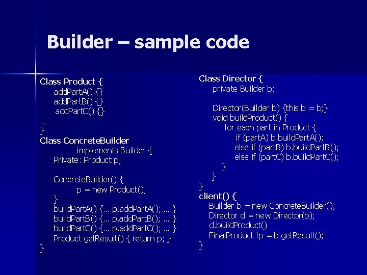 Builder – sample code Class Product { add. Part. A() {} add. Part. B()