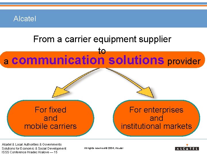 Alcatel From a carrier equipment supplier to a communication solutions provider For fixed and