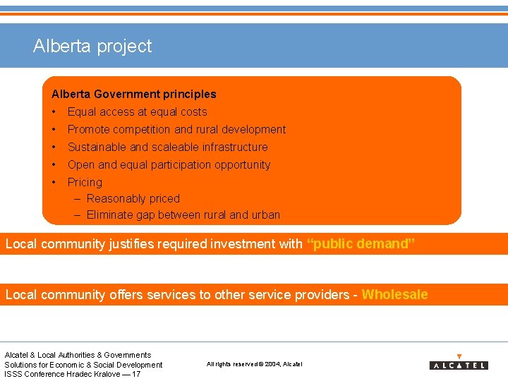 Alberta project Alberta Government principles • Equal access at equal costs • Promote competition