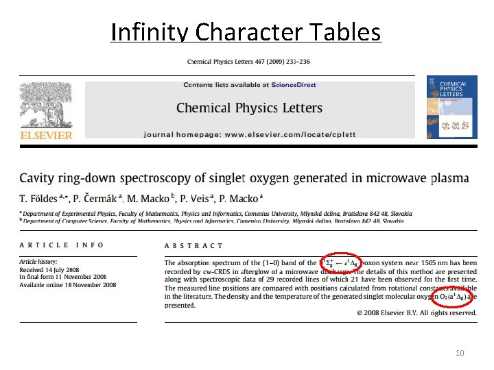 Infinity Character Tables 10 