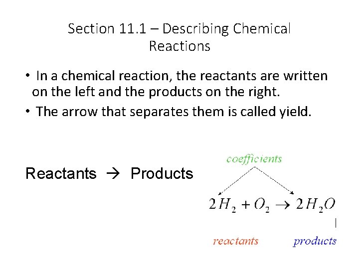 Section 11. 1 – Describing Chemical Reactions • In a chemical reaction, the reactants