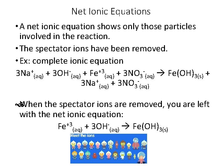 Net Ionic Equations • A net ionic equation shows only those particles involved in