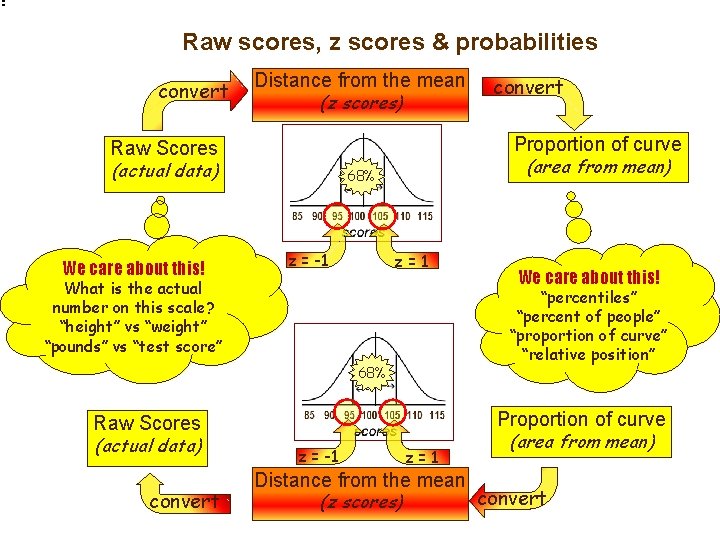 Raw scores, z scores & probabilities convert Distance from the mean (z scores) Raw