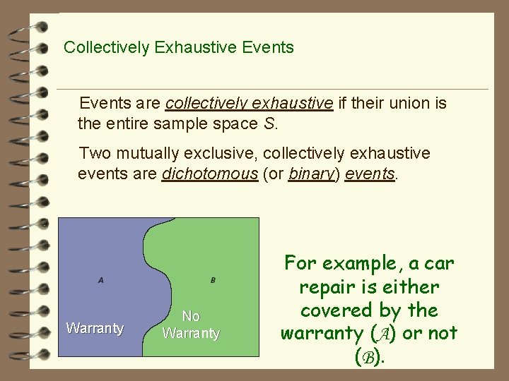 Collectively Exhaustive Events are collectively exhaustive if their union is the entire sample space