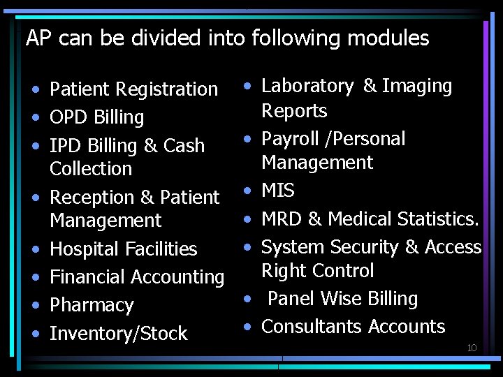 AP can be divided into following modules • Patient Registration • OPD Billing •