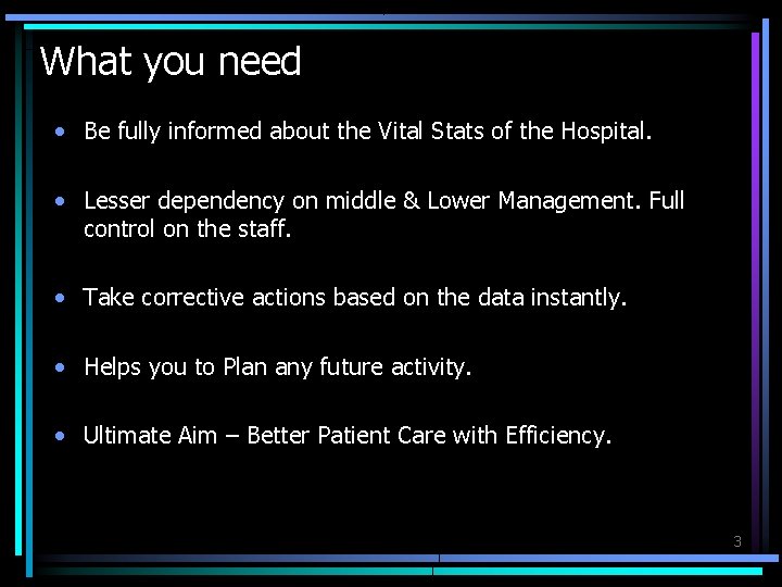 What you need • Be fully informed about the Vital Stats of the Hospital.