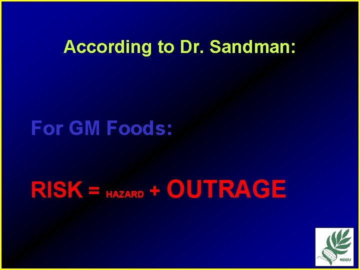According to Dr. Sandman: For GM Foods: RISK = HAZARD + OUTRAGE 