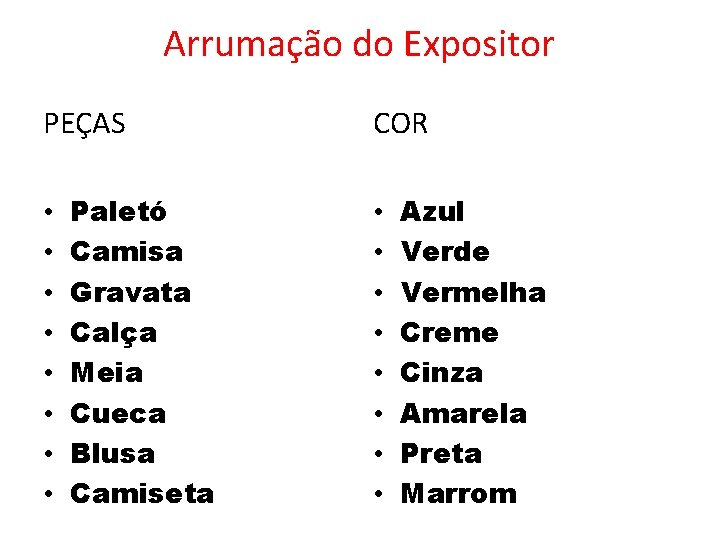 Arrumação do Expositor PEÇAS • • Paletó Camisa Gravata Calça Meia Cueca Blusa Camiseta Arrumação do Expositor PEÇAS • • Paletó Camisa Gravata Calça Meia Cueca Blusa Camiseta