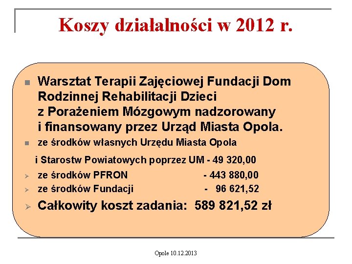 Koszy działalności w 2012 r. n n Warsztat Terapii Zajęciowej Fundacji Dom Rodzinnej Rehabilitacji