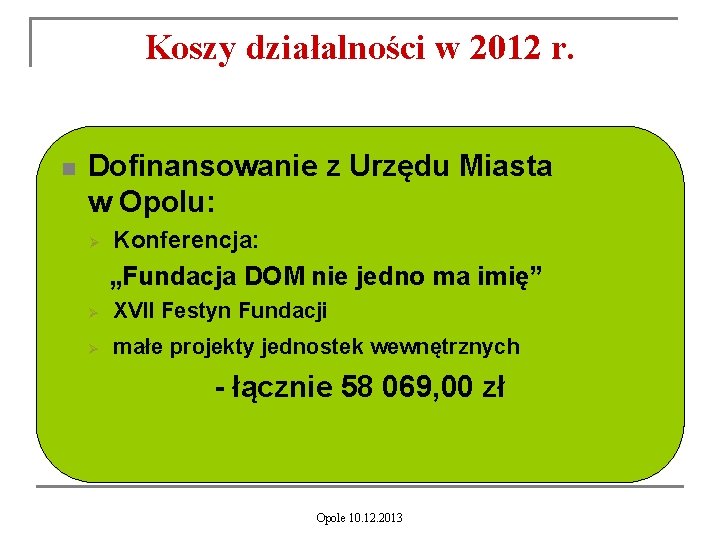 Koszy działalności w 2012 r. n Dofinansowanie z Urzędu Miasta w Opolu: Ø Konferencja: