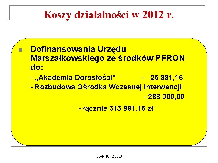 Koszy działalności w 2012 r. n Dofinansowania Urzędu Marszałkowskiego ze środków PFRON do: -