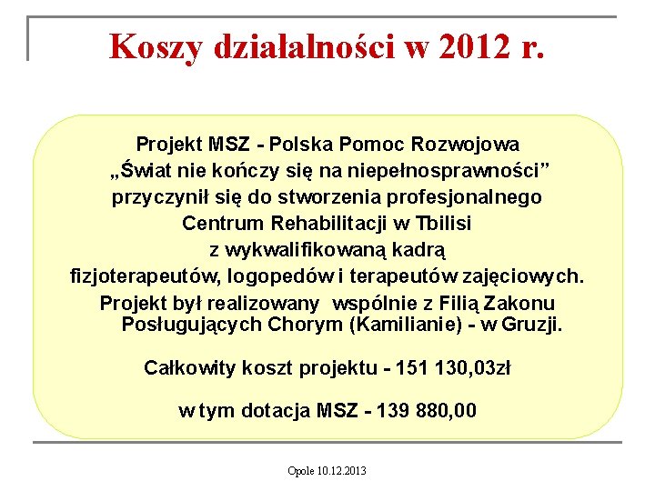 Koszy działalności w 2012 r. Projekt MSZ - Polska Pomoc Rozwojowa „Świat nie kończy