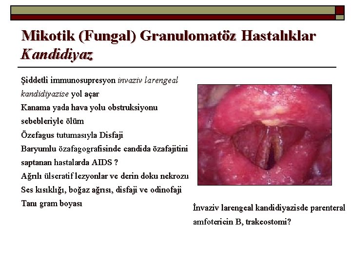 Mikotik (Fungal) Granulomatöz Hastalıklar Kandidiyaz Şiddetli immunosupresyon invaziv larengeal kandidiyazise yol açar Kanama yada