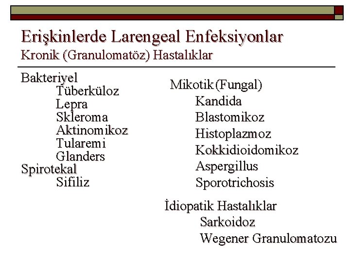 Erişkinlerde Larengeal Enfeksiyonlar Kronik (Granulomatöz) Hastalıklar Bakteriyel Tüberküloz Lepra Skleroma Aktinomikoz Tularemi Glanders Spirotekal